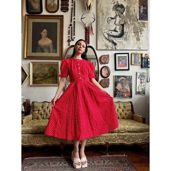 90s Vintage Red Polka Dot Dress by David Mitchell Size M/L - Picture 2 of 7